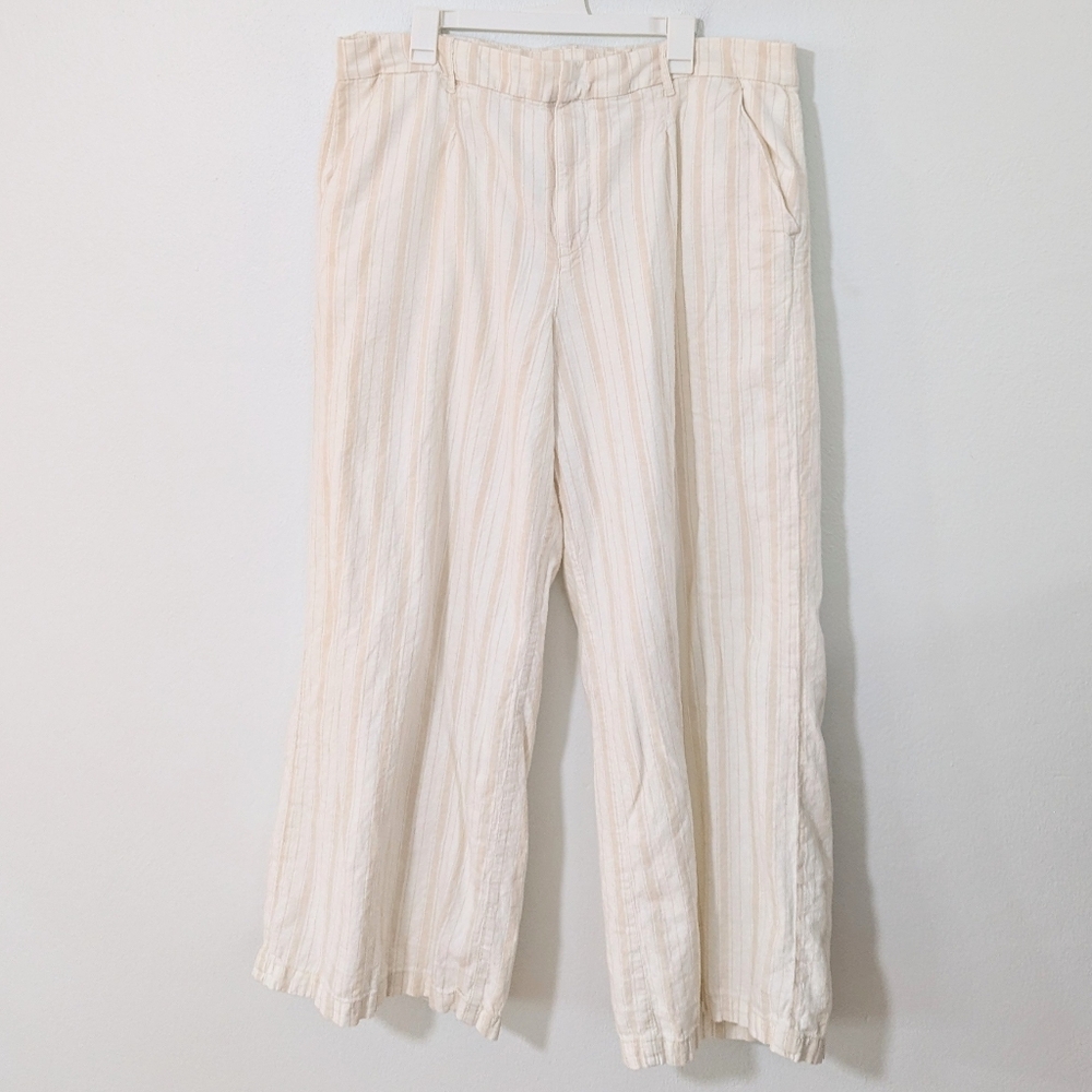 American Eagle High Rise Trouser Striped Wide Leg Linen Blend White Beige 18